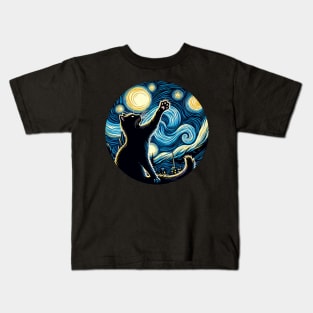 Cat in the night with star, impressionism, famous painting, Starry Night Style Van Gogh painting Cat Lover Kids T-Shirt